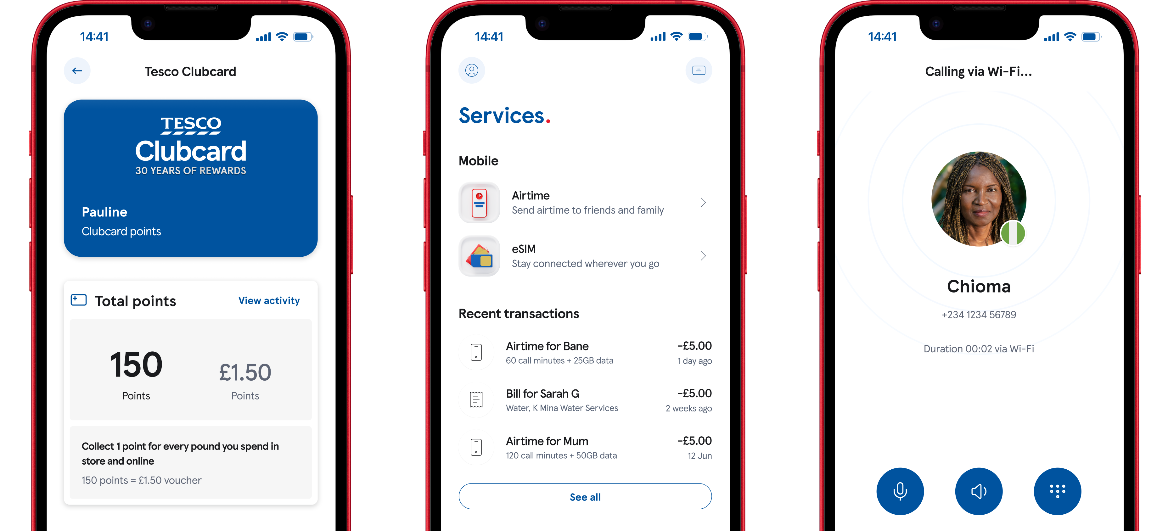 Three screenhots of the Tesco International Calling app on a mobile device